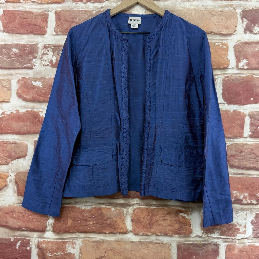 Chicos Jacket Women's M Blue Iridescent 100% Silk Braided Trim Career Evening